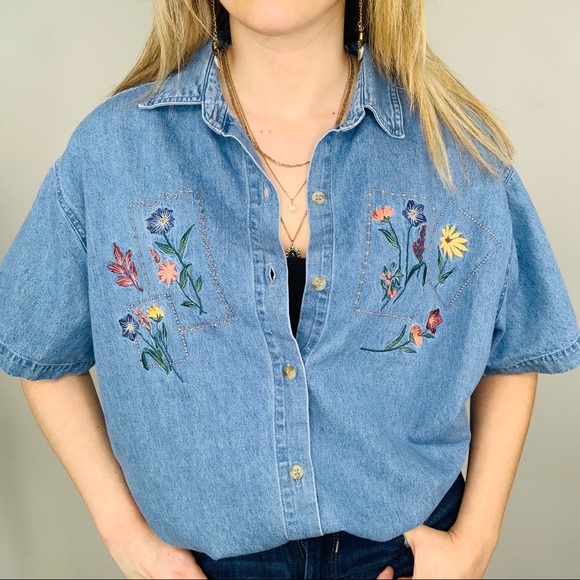 Vintage Tops - Victoria Jones Vintage Denim Floral Embroidery 20W